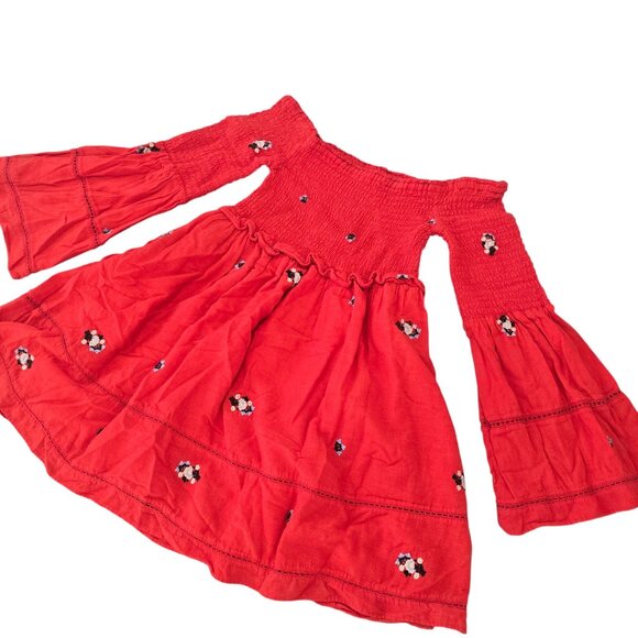 Free People counting daisies Red Embroidered Off-Shoulder Bell Sleeve Dress S - Picture 5 of 8